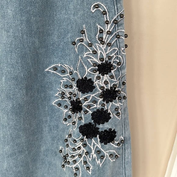 POL High Waist Stretch Blue Jeans Embroidered Black Floral Beaded Bell Bottoms - Picture 6 of 15